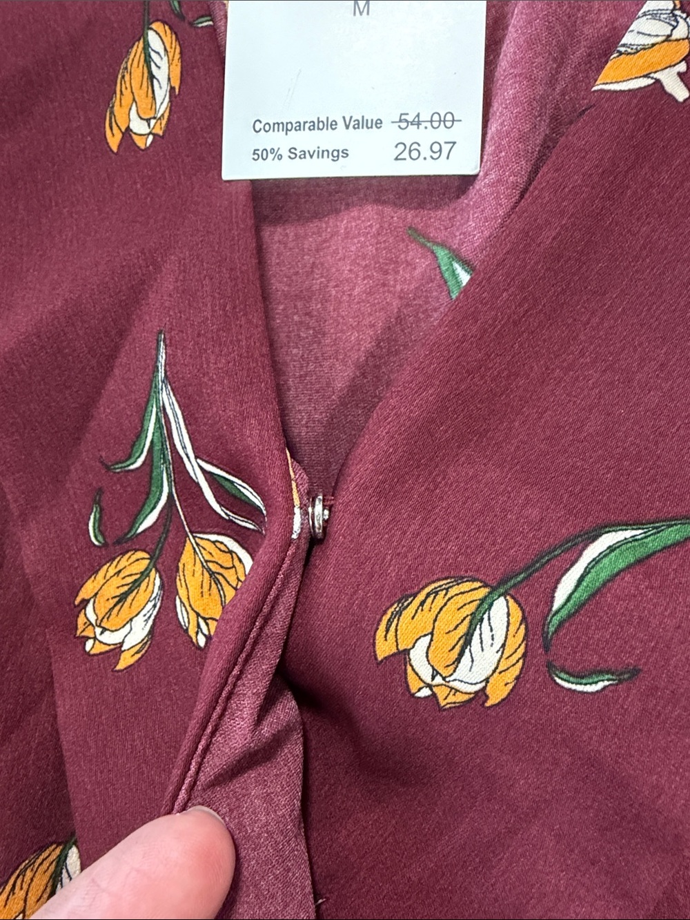 Elodie Burgundy Floral Wrap Blouse with Yellow Accent - Picture 3 of 9